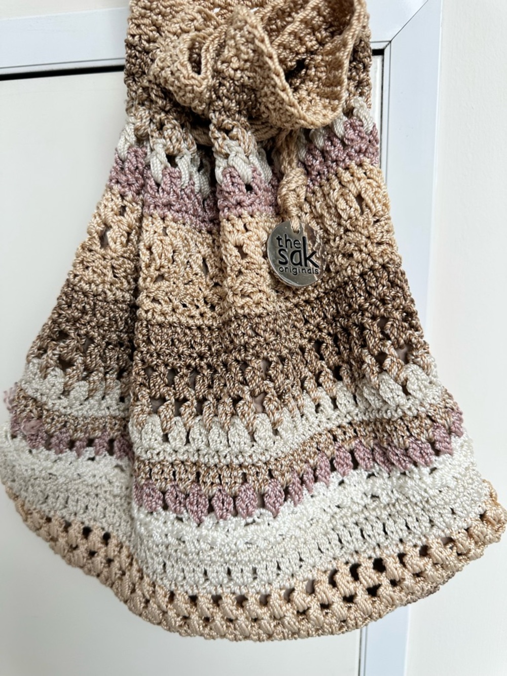 The Sak | Boho Janet Crochet Drawstring Shoulder Bag Neutral Stripes | AS IS - Picture 3 of 16